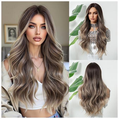 Parrucca Lunga Ombre Marrone Ricci Con Frangia - Capelli Sintetici Termoresistenti Per Feste & Uso Quotidiano - Foto 4