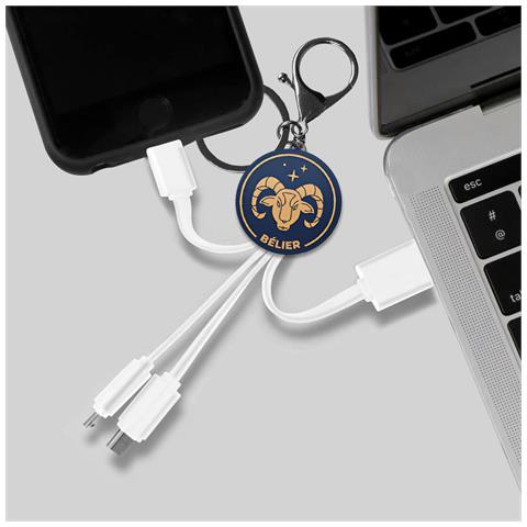 Cavo Usb 3 In 1 Micro-usb / Usb-c / Lightning Design Portachiavi Astrologia Ariete, Bianco - Foto 5