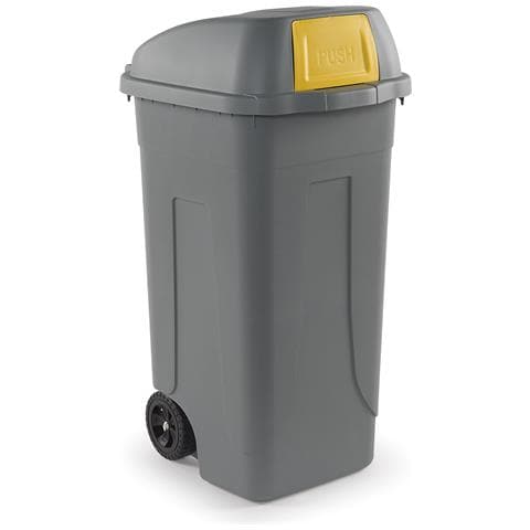 Bidone Raccolta Differenziata 100 Litri Con Ruote - Fondo Grigio E Coperchio A Campana Con Sportello Basculante Giallo - Foto 1