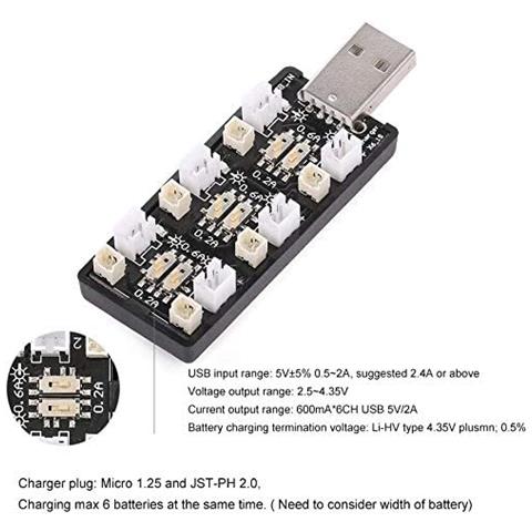 1 Pezzo 1s Lipo Batteria Caricabatterie Usb 3.8v / 4.35v 6 Canali Caricabatterie Lisv 1s Piccolo Tiny Whoop Blade Inductrix Micro Jst 1.25 Jst-ph 2.0 Mcx Mcpx Connettori - Foto 3