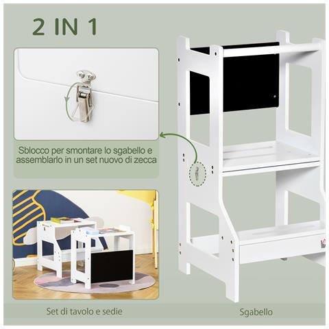 Scala Montessori 2 In 1 In Mdf Staccabile, Con Sgabello, Lavagna Inclusi, Per Bambini 3-6 Anni, Bianco - Foto 2