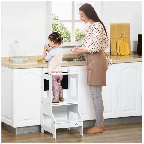 Scala Montessori 2 In 1 In Mdf Staccabile, Con Sgabello, Lavagna Inclusi, Per Bambini 3-6 Anni, Bianco - Foto 6