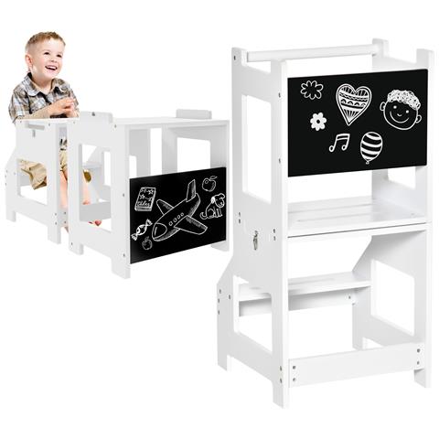 Scala Montessori 2 In 1 In Mdf Staccabile, Con Sgabello, Lavagna Inclusi, Per Bambini 3-6 Anni, Bianco - Foto 1
