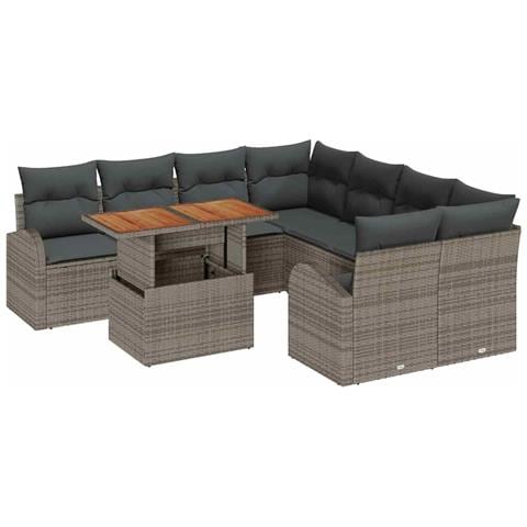 Set da Pranzo da Giardino da 9 pezzi con Cuscini Grigio Rattan Polacca - Foto 1