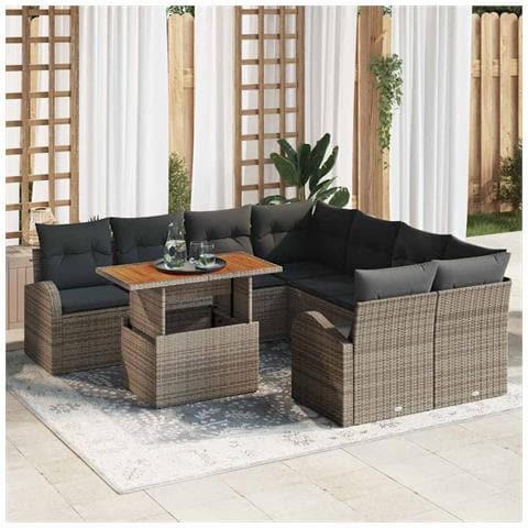 Set da Pranzo da Giardino da 9 pezzi con Cuscini Grigio Rattan Polacca - Foto 2