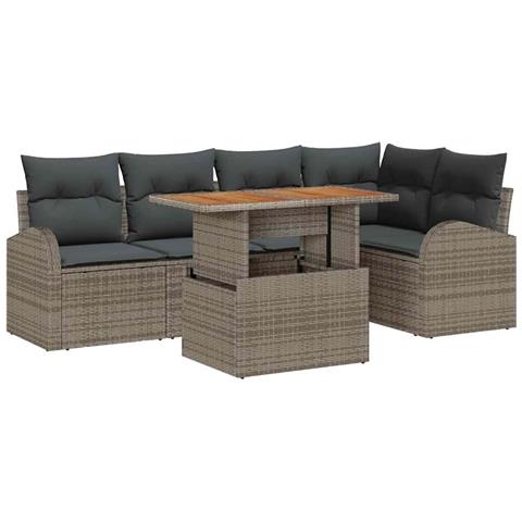 Set di divani da giardino a 6 pezzi con cuscini Grigio Polyrattan, Divano da giardino a 2 posti con spazio di stoccaggio e cuscini Grigio Polyrattan - Foto 1