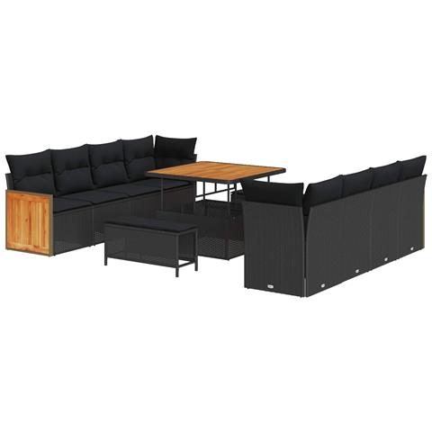 Set divani giardino  11 pezzi con cuscini Nero Polyrattan Acacia, Set pranzo  3 pezzi giardino con cuscini Nero Polyrattan Acacia - Foto 1