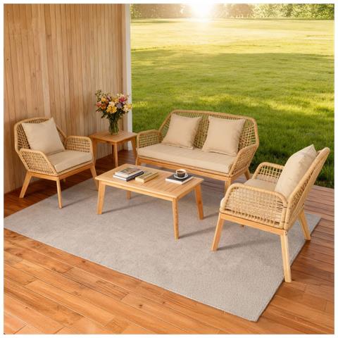 Rosario Mobili Da Giardino In Legno A 4 Posti Con 2 Tavoli Beige E In Legno - Foto 2
