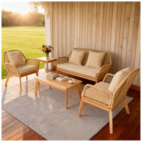 Rosario Mobili Da Giardino In Legno A 4 Posti Con 2 Tavoli Beige E In Legno - Foto 1