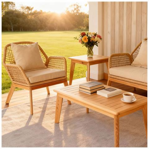 Rosario Mobili Da Giardino In Legno A 4 Posti Con 2 Tavoli Beige E In Legno - Foto 6