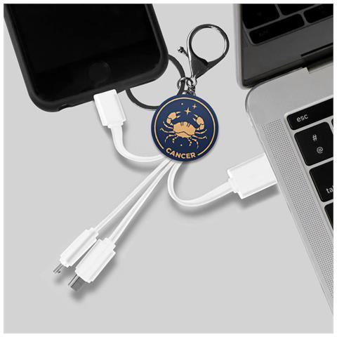 Cavo Usb 3 In 1 Micro-usb / Usb-c / Lightning Design Portachiavi Astrologia Cancro, Bianco - Foto 5