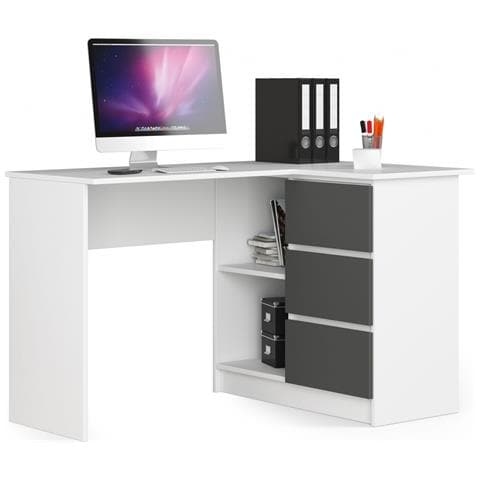 Scrivania ad angolo B16 destro, 3 cassetti, 124x85x77 cm, Colore Bianco e Grigio Grafite - Foto 1