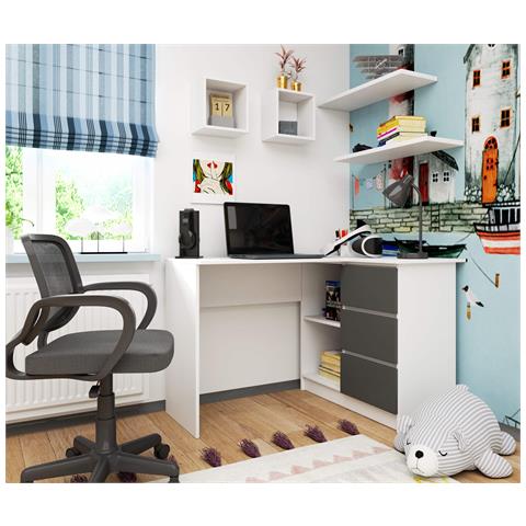 Scrivania ad angolo B16 destro, 3 cassetti, 124x85x77 cm, Colore Bianco e Grigio Grafite - Foto 5
