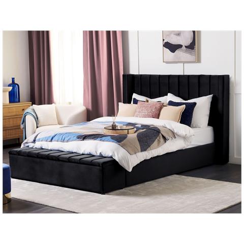 Letto Matrimoniale Ad Acqua Velluto Nero Con Panca Portaoggetti 180 X 200 Cm Noyers - Foto 1