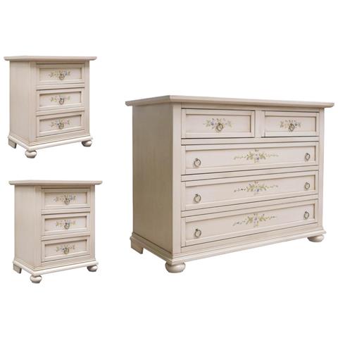 Gruppo Como' 2 Comodini Arte Povera Legno Avorio Patinato Con Decori - Foto 1