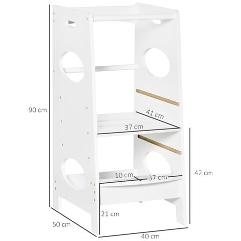 Torre Montessoriana Per Bambini, Learning Tower Con Altezza Regolabile In Mdf, 40x50x90cm, Bianco - Foto 2