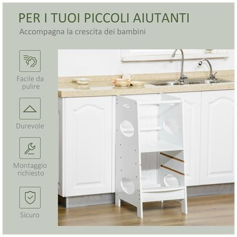 Torre Montessoriana Per Bambini, Learning Tower Con Altezza Regolabile In Mdf, 40x50x90cm, Bianco - Foto 6