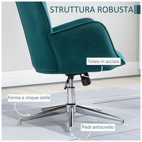 Poltrona Per Ufficio E Salotto In Velluto, Girevole Con Braccioli E Altezza Regolabile, Blu - Foto 6