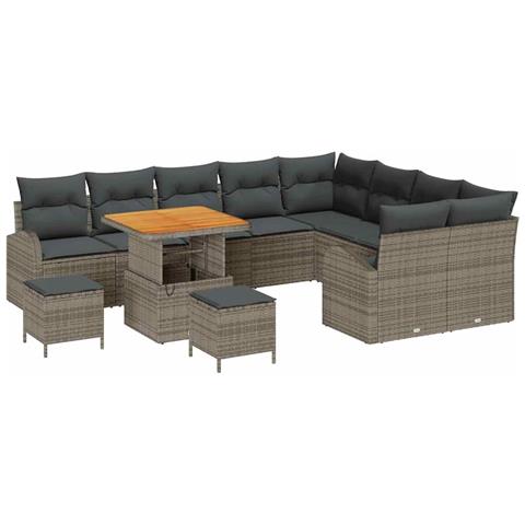 Set Divano da Giardino  da 12 Pezzi con Cuscini Grigio Polyrattan Acacia, Set da Pranzo da Giardino  da 3 Pezzi con Cuscini Grigio Polyrattan Acacia, Divano da Giardino per 2 Persone  con Cuscini Grigio Polyrattan - Foto 1