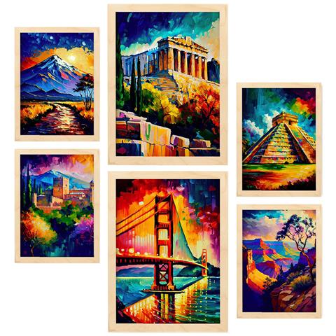 Set Di 6 Stampe Illustrazioni Estetiche In Stile Pittura Ad Olio Di Monumenti E Città In Stile Fotografico A Colori A3 & A4 Telaio In Legno Chiaro - Foto 1