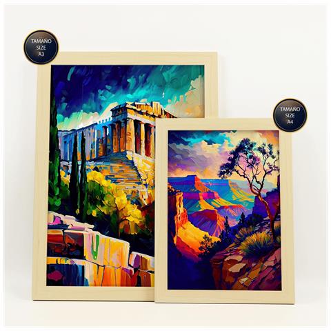 Set Di 6 Stampe Illustrazioni Estetiche In Stile Pittura Ad Olio Di Monumenti E Città In Stile Fotografico A Colori A3 & A4 Telaio In Legno Chiaro - Foto 2