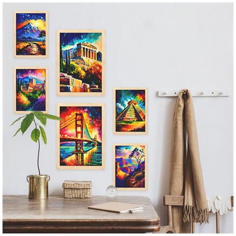 Set Di 6 Stampe Illustrazioni Estetiche In Stile Pittura Ad Olio Di Monumenti E Città In Stile Fotografico A Colori A3 & A4 Telaio In Legno Chiaro - Foto 5