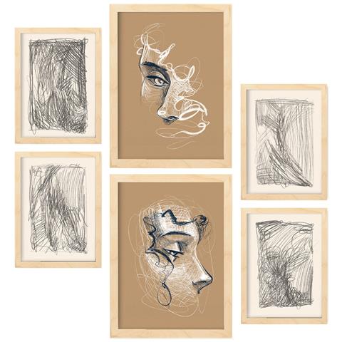 Set Di 6 Stampe Fiere D'arte Con Dipinti Decorativi Estetici Astratti Femminili Per Il Tuo Soggiorno Di Casa A3 & A4 Telaio In Legno Chiaro - Foto 1