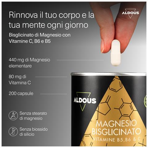 Bisglicinato Di Magnesio Con Vitamina C, B5 E B6 Aldous | 200 Capsule - Foto 2