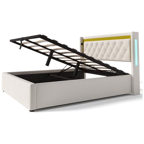 Letto In Cotone-lino Beige Con Led, Ricarica Usb E Vano Contenitore - Foto 2