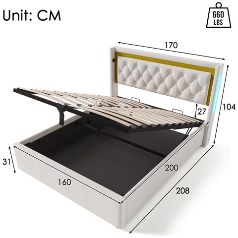 Letto In Cotone-lino Beige Con Led, Ricarica Usb E Vano Contenitore - Foto 3