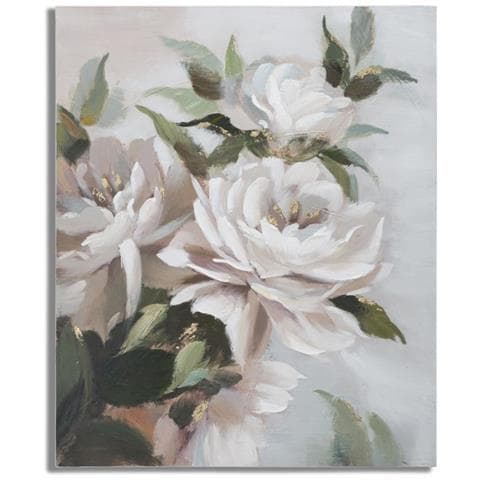 Dipinto Su Tela Flower & Leaf Con Rose Bianche E Foglie Verdi 80x100 Cm - Foto 1