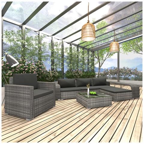 Set Divani da Giardino 8 pz con Cuscini in Polyrattan Grigio - Foto 2