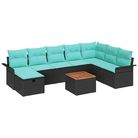 Set Divano da Giardino con cuscino 9 pcs Nero Poly Rattan - Foto 1