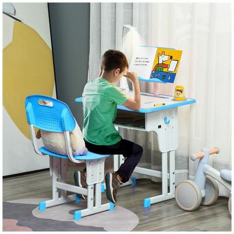 Banco Scuola Con Sedia Ad Altezza Regolabile E Luce Per Bambini 6-12 Anni, Acciaio E Mdf, Grigio - Foto 2