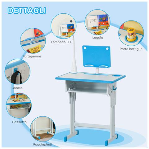 Banco Scuola Con Sedia Ad Altezza Regolabile E Luce Per Bambini 6-12 Anni, Acciaio E Mdf, Grigio - Foto 6