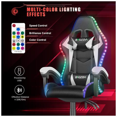 Sedia Gaming Led - Sedia Da Gamer Ergonomica - Schienale Regolabile 90-135° - Con Cuscino Lombare & Poggiatesta - Portata 130 Kg - Sedia Gaming Bianco - Foto 6