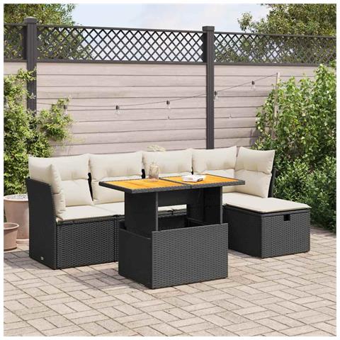 Set Divano Da Giardino 6 Pz Con Cuscini Nero Polyrattan Acacia - Foto 1