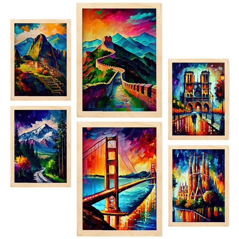 Set Di 6 Stampe Percorso In Stile Dipinto A Olio. Illustrazioni Di Monumenti E Città In Stile Fotografico A Colori. A3 & A4 Telaio In Legno Chiaro - Foto 1