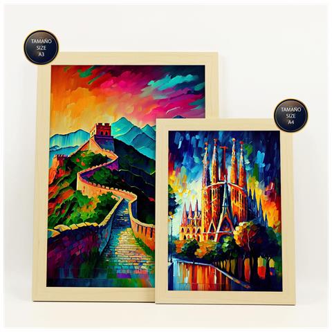 Set Di 6 Stampe Percorso In Stile Dipinto A Olio. Illustrazioni Di Monumenti E Città In Stile Fotografico A Colori. A3 & A4 Telaio In Legno Chiaro - Foto 2