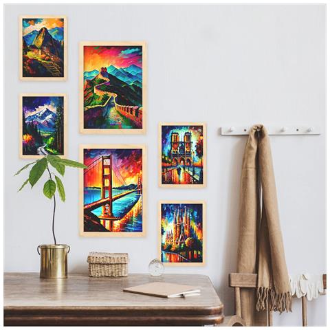 Set Di 6 Stampe Percorso In Stile Dipinto A Olio. Illustrazioni Di Monumenti E Città In Stile Fotografico A Colori. A3 & A4 Telaio In Legno Chiaro - Foto 5