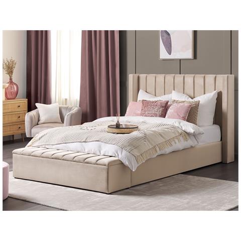 Letto Matrimoniale Ad Acqua Velluto Beige Con Panca Portaoggetti 180 X 200 Cm Noyers - Foto 1