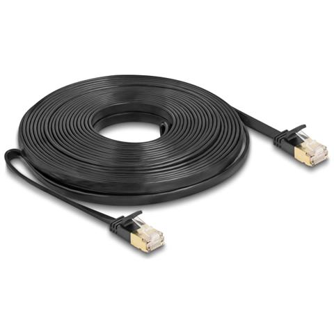 Cavo di rete RJ45 Cat. 6A maschio-maschio con chiusura robusta e cavo piatto grezzo Cat. 7 U /FTP da 10 m nero - Foto 1