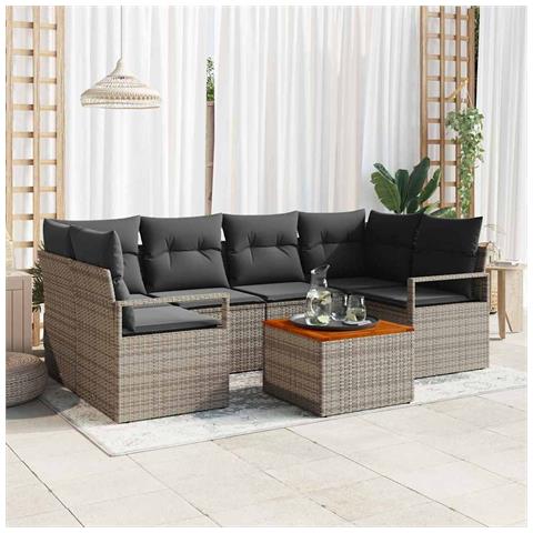 Set di divani giardino 7 pezzi con cuscini grigio polyrattan acacia, Divano giardino 2 posti con cuscini grigio polyrattan - Foto 2