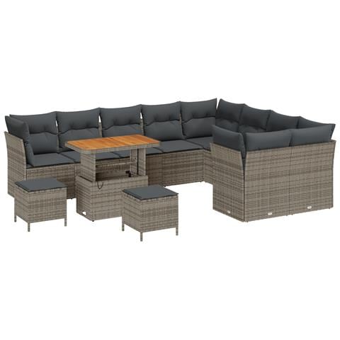 Set Divani Giardino 12 Pezzi con Cuscini Grigi Polyrattan Acacia, Set Tavolo Giardino 3 Pezzi con Cuscini Grigi Polyrattan Acacia - Foto 1