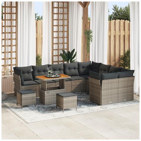 Set Divani Giardino 12 Pezzi con Cuscini Grigi Polyrattan Acacia, Set Tavolo Giardino 3 Pezzi con Cuscini Grigi Polyrattan Acacia - Foto 2