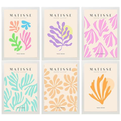 Set Di 6 Stampe Künstlerischen Illustrationen Von Henri Matisse Pastellfarben Sammlung Von Dekorations Gemälden Im Kunstgalerie Stil Weißer Rahmen A3 Cornice Bianca - Foto 1
