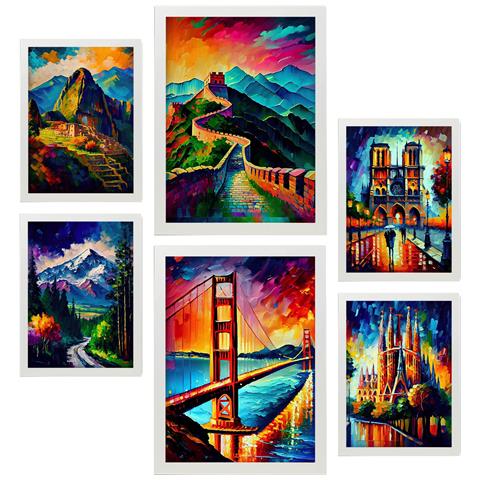 Set Di 6 Stampe Percorso In Stile Pittura Ad Olio Illustrazioni Di Monumenti E Città In Stile Fotografico A Colori Design D'interni A3 & A4 Cornice Bianca - Foto 1