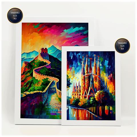 Set Di 6 Stampe Percorso In Stile Pittura Ad Olio Illustrazioni Di Monumenti E Città In Stile Fotografico A Colori Design D'interni A3 & A4 Cornice Bianca - Foto 2