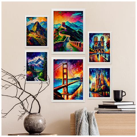 Set Di 6 Stampe Percorso In Stile Pittura Ad Olio Illustrazioni Di Monumenti E Città In Stile Fotografico A Colori Design D'interni A3 & A4 Cornice Bianca - Foto 5