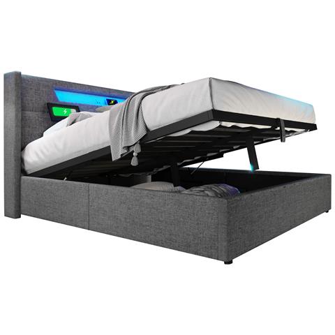 Letto Con Lino Grigio, Luce Led E Porta Di Ricarica Usb - Foto 1